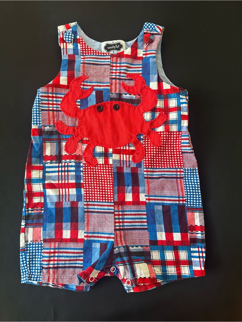 Mud Pie Boys Red & Blue Plaid Crab Appliqué Romper Jon Jon 24M/2T